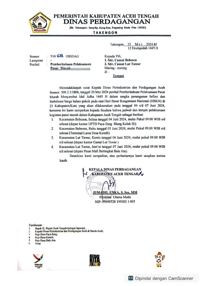 Pemerintah Kabupaten Aceh Tengah Gelar Pasar Murah Sambut Idul Adha 1445 H